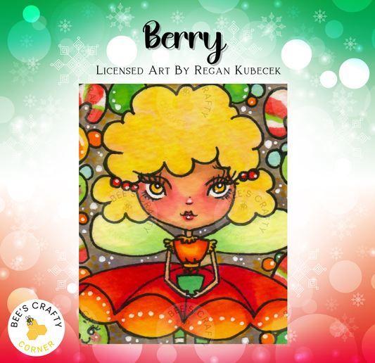 The image is a colorful illustration of a young girl with blonde hair and a red dress, surrounded by various shapes and patterns in shades of green, orange, and pink.