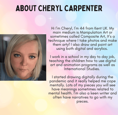 The image is a portrait of a woman with blonde hair, and it includes text that provides information about the individual.