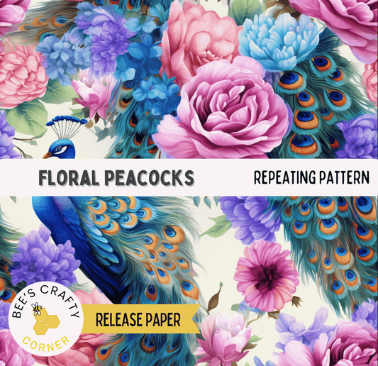 The image is a vibrant and colorful collage featuring a variety of flowers, peacock feathers, and a blue bird. The text "Floral Peacocks Repeating Pattern" is prominently displayed, indicating the theme of the image. The release paper is labeled as "Bee's Crafty Corner Release Paper".