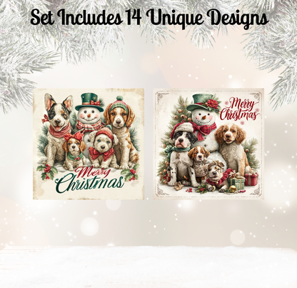 two Christmas-themed illustrations featuring dogs and snowmen. The illustrations are set against a snowy background and include the text "Merry Christmas" in the center.