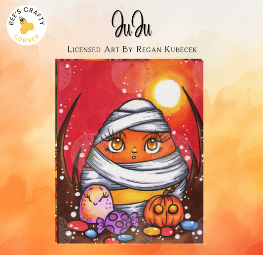 The image is a vibrant illustration featuring a character with large eyes and a white scarf, surrounded by Halloween-themed elements such as a pumpkin, candy, and a spider.