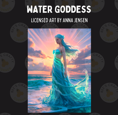 The image is a painting depicting a woman with long, flowing hair standing in the water, wearing a blue dress, with a sunset in the background.