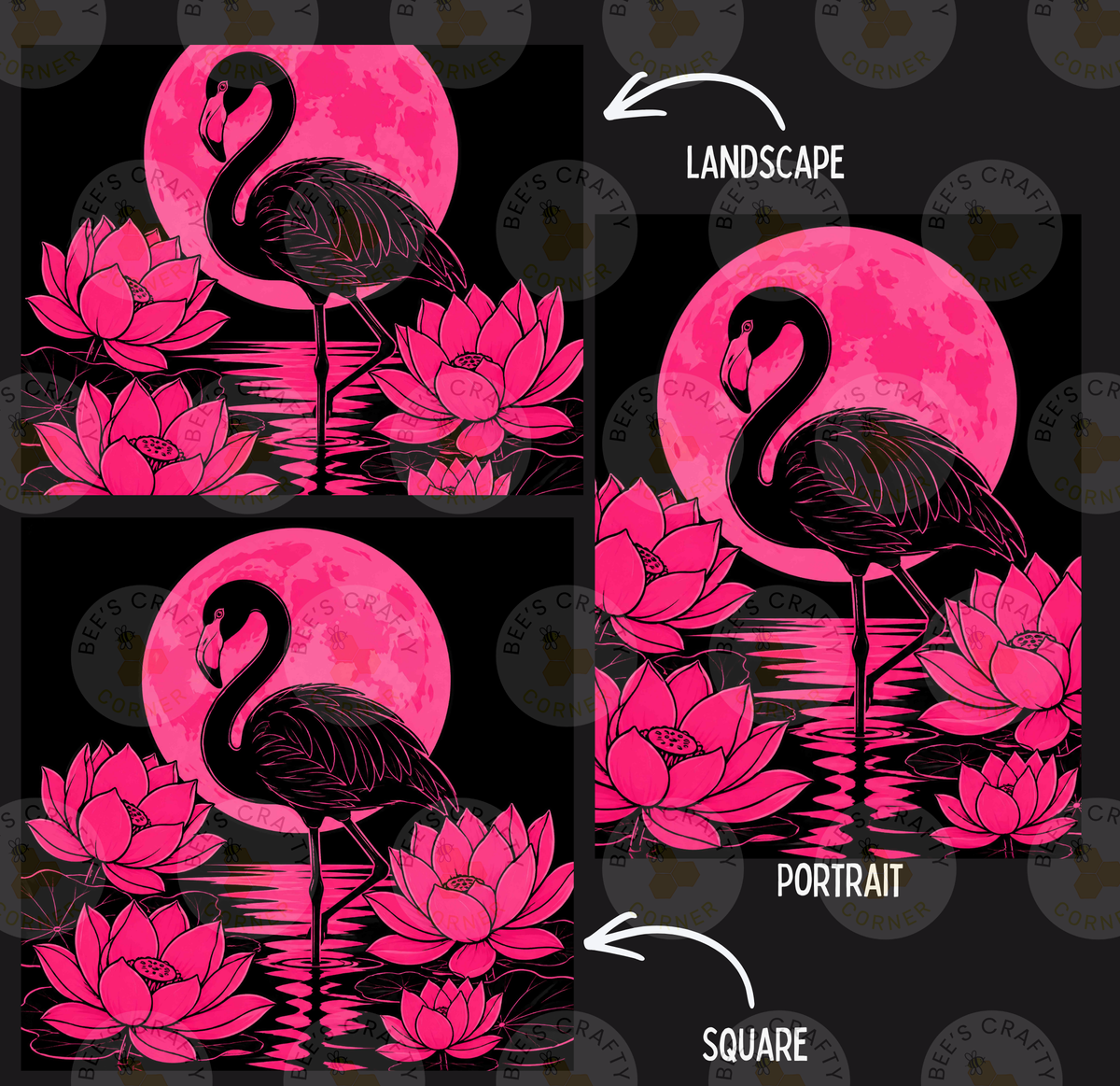 The image is a collage of three images depicting a flamingo standing on one leg in front of pink lotus flowers and a large pink moon.