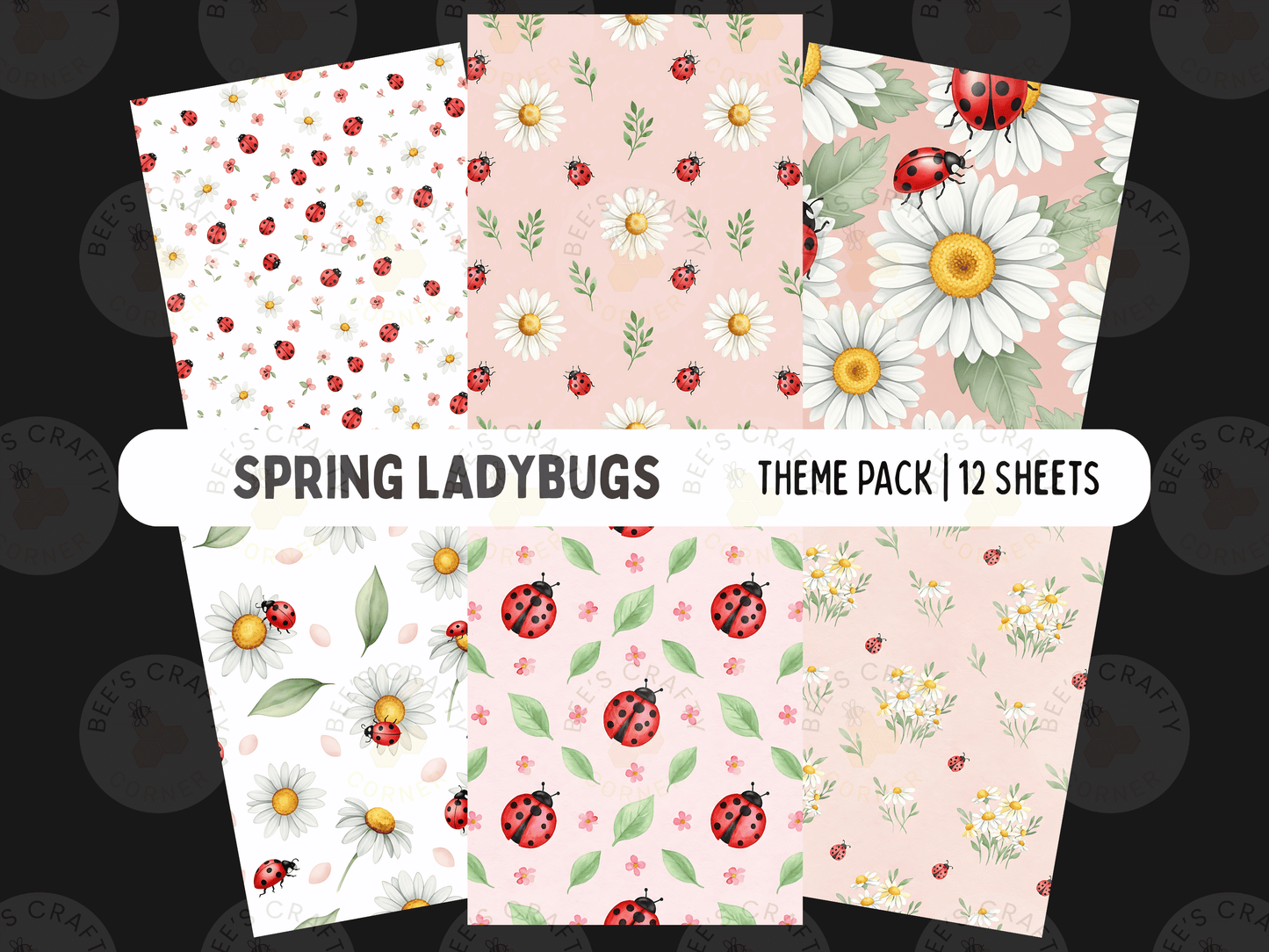The image is a theme pack containing 12 different floral patterns, each with a unique design featuring ladybugs and daisies.