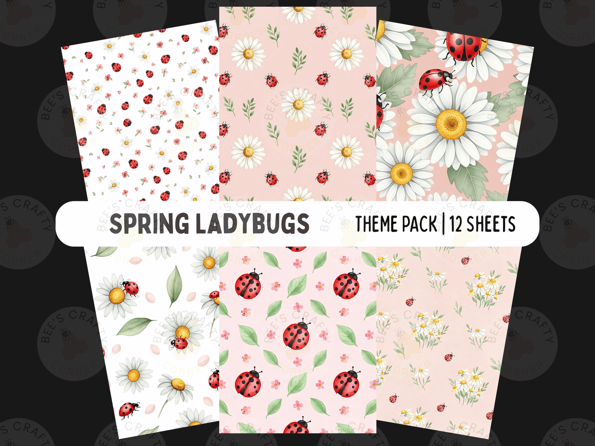 The image is a theme pack containing 12 different floral patterns, each with a unique design featuring ladybugs and daisies.