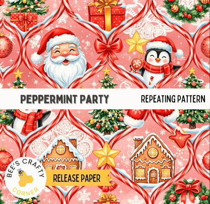 The image is a repeating pattern featuring Santa Claus, a penguin, gingerbread houses, Christmas trees, and other festive elements.