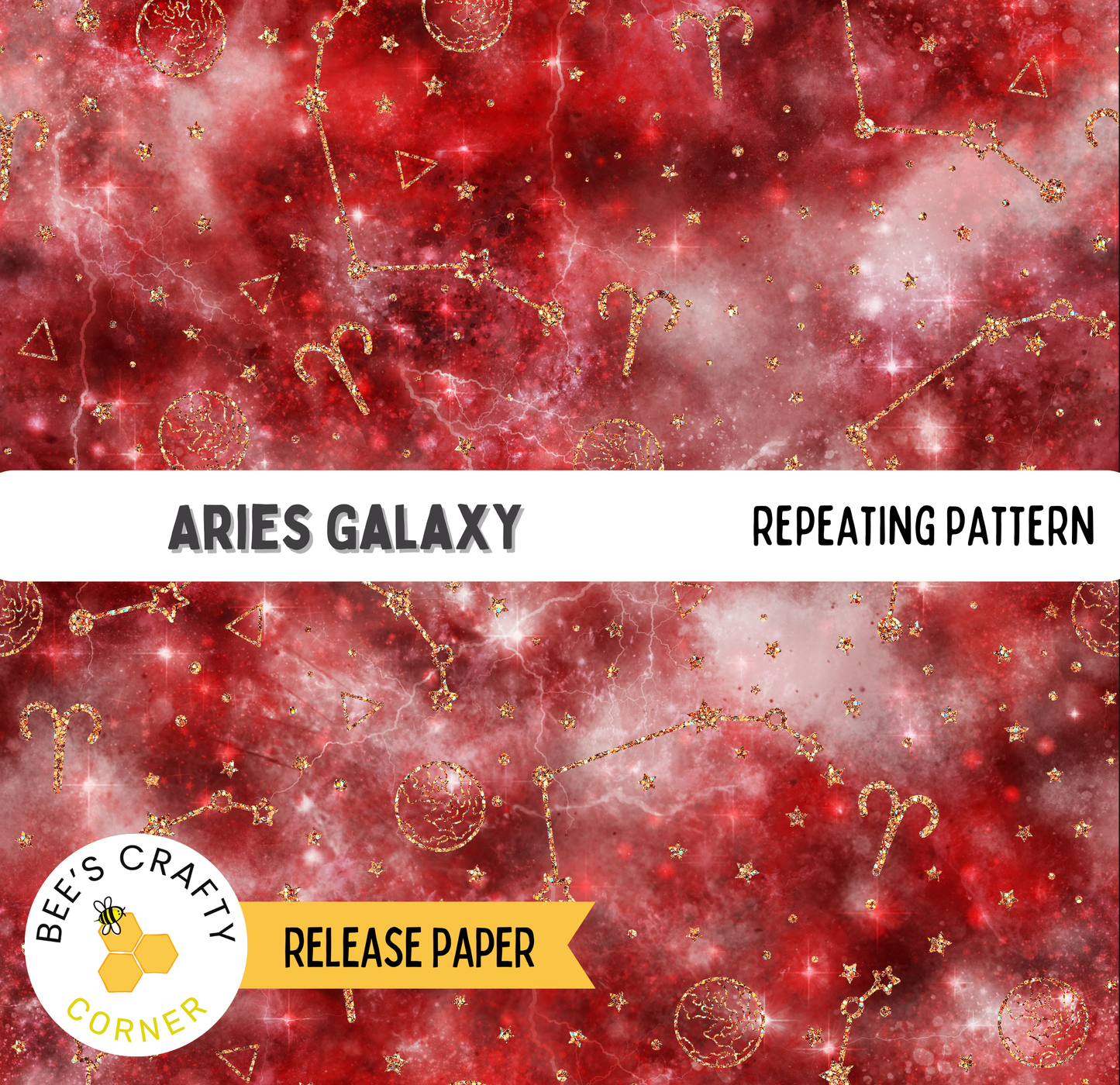 The image is a repeating pattern of the word "ARIES" and the word "GALAXY" against a red background with stars and other celestial elements.