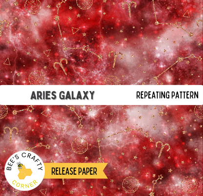 The image is a repeating pattern of the word "ARIES" and the word "GALAXY" against a red background with stars and other celestial elements.