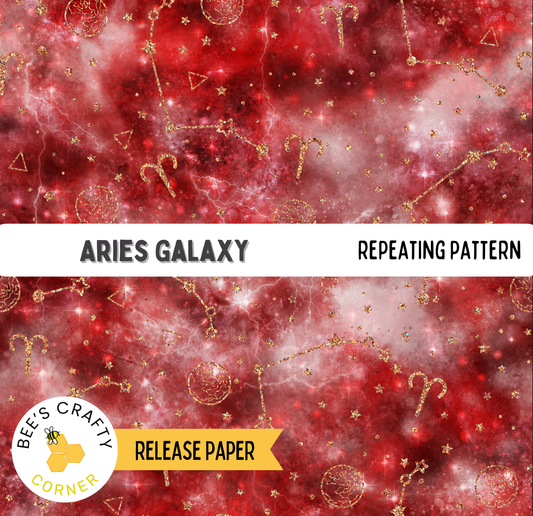 The image is a repeating pattern of the word "ARIES" and the word "GALAXY" against a red background with stars and other celestial elements.