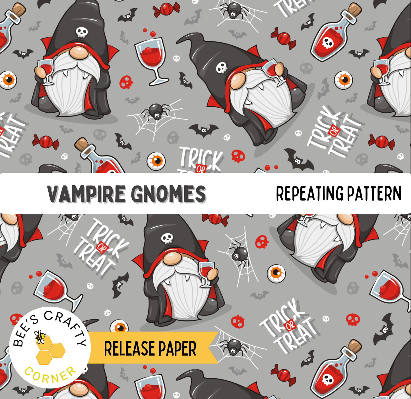 The image is a repeating pattern featuring Vampire gnomes and Halloween-themed elements such as bats, skulls, bottles, and glasses.