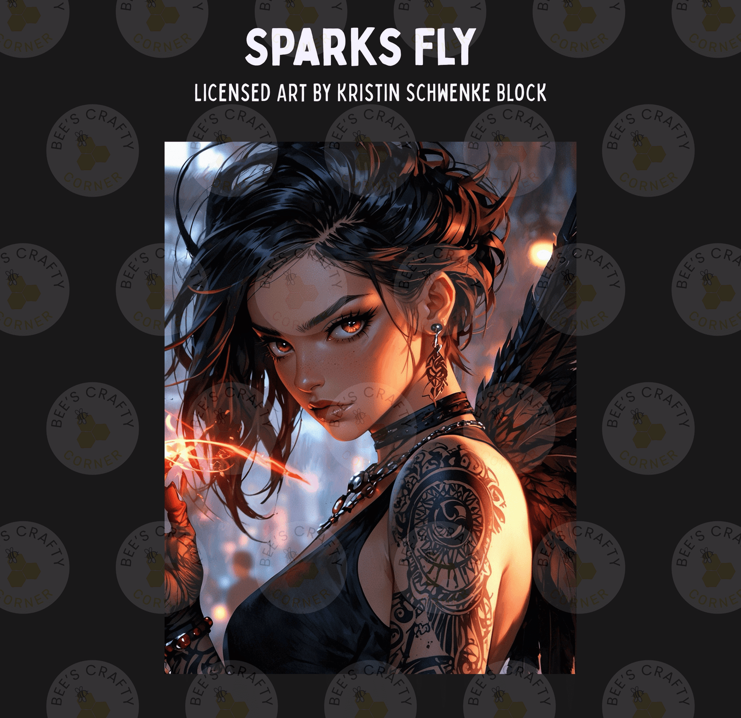The image is a digital illustration featuring a woman with dark hair and tattoos, wearing a black outfit and holding a glowing object.