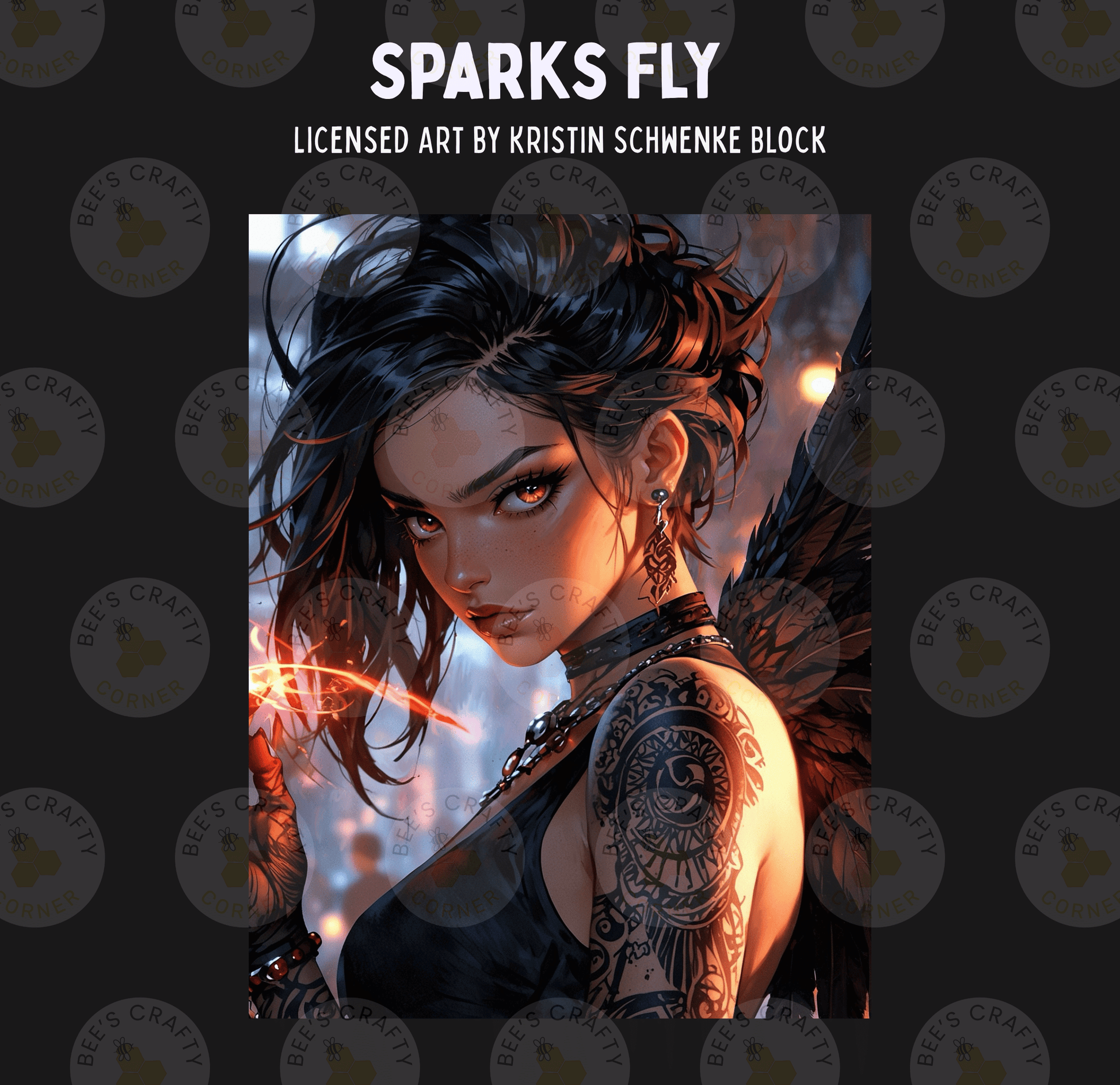 The image is a digital illustration featuring a woman with dark hair and tattoos, wearing a black outfit and holding a glowing object.