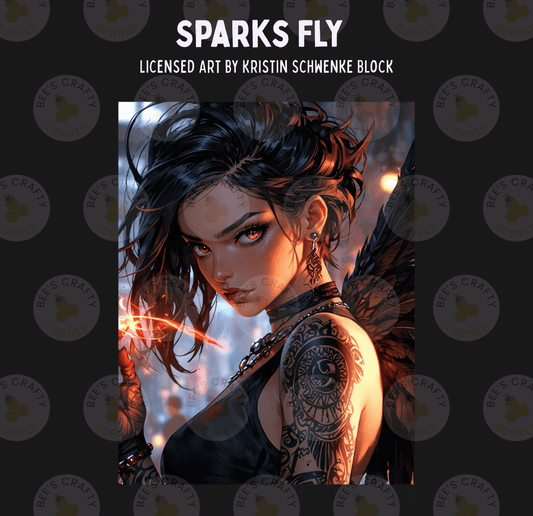 The image is a digital illustration featuring a woman with dark hair and tattoos, wearing a black outfit and holding a glowing object.
