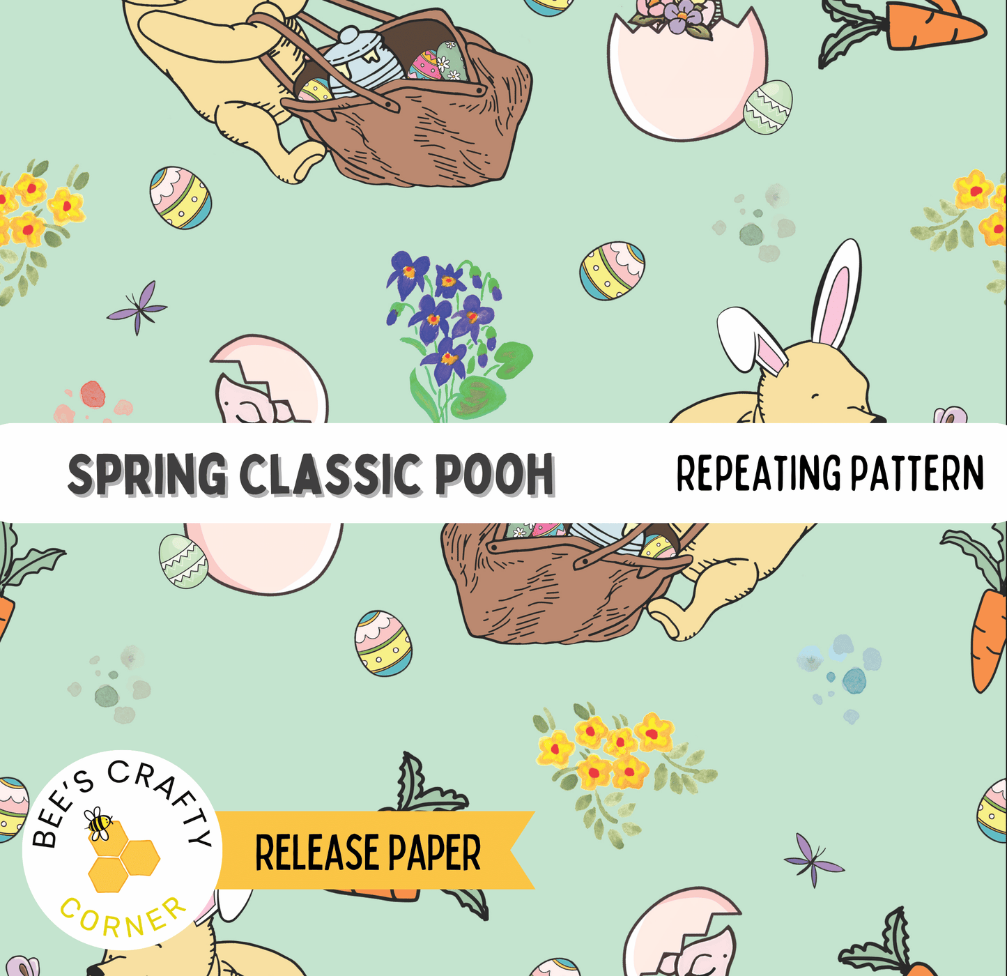 The image is a repeating pattern featuring various Easter-themed elements such as eggs, flowers, carrots, and a bunny. The pattern includes a variety of Easter eggs and flowers, as well as a bunny and a carrot. The overall design is whimsical and cheerful, with a focus on the Easter theme.