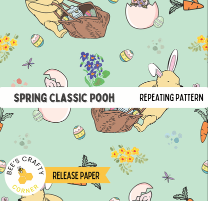 The image is a repeating pattern featuring various Easter-themed elements such as eggs, flowers, carrots, and a bunny. The pattern includes a variety of Easter eggs and flowers, as well as a bunny and a carrot. The overall design is whimsical and cheerful, with a focus on the Easter theme.