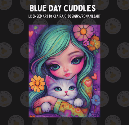 The image is a vibrant illustration featuring a young girl with long, colorful hair and a cat. The girl is surrounded by a variety of flowers and other natural elements, creating a whimsical and imaginative scene.