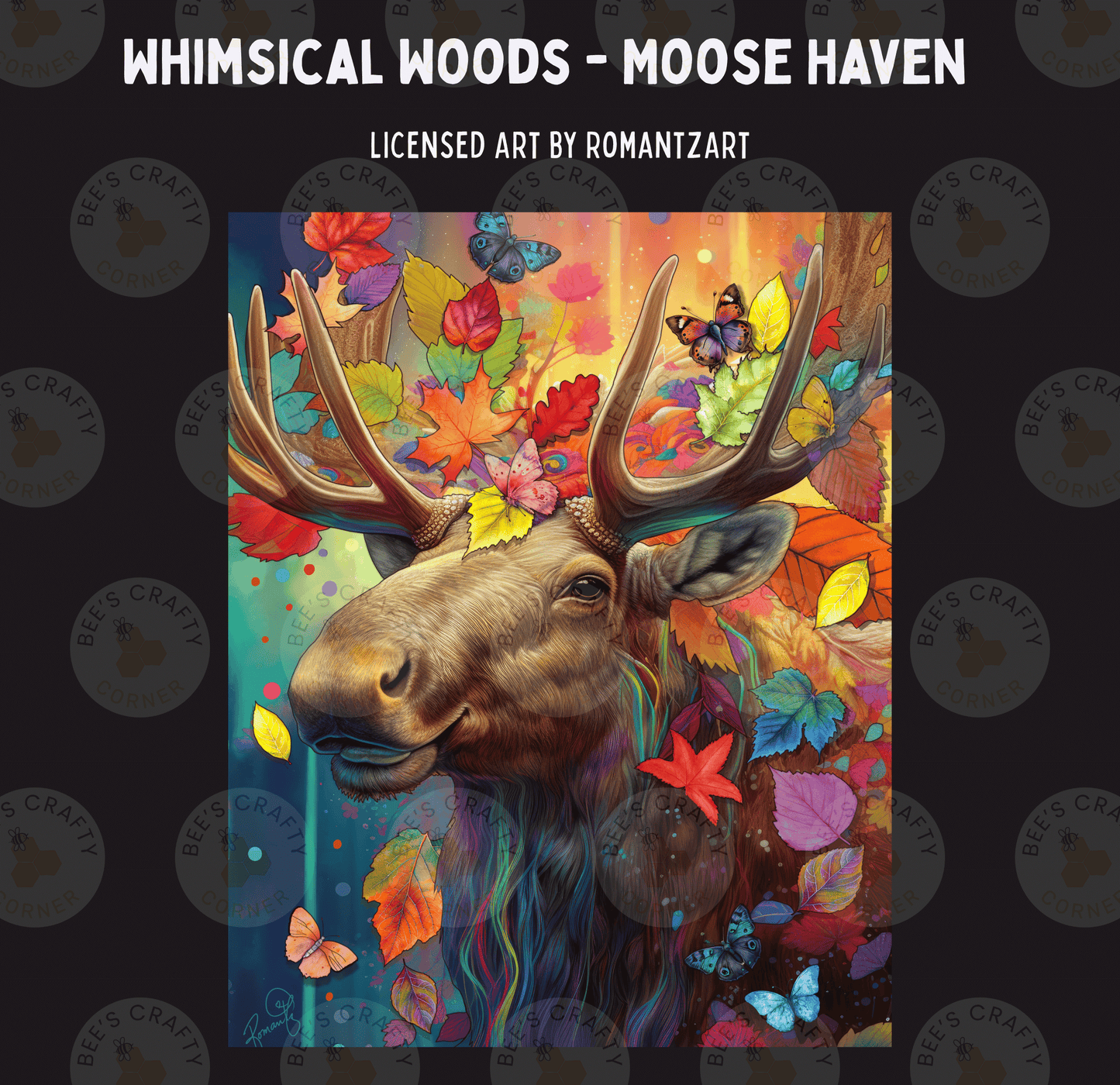 The image is a vibrant and colorful painting depicting a moose surrounded by a multitude of leaves, flowers, and butterflies.