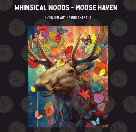 The image is a vibrant and colorful painting depicting a moose surrounded by a multitude of leaves, flowers, and butterflies.