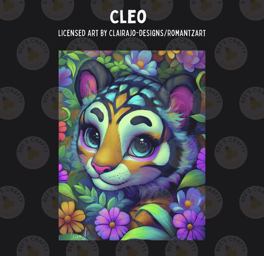 The image is a vibrant and colorful illustration of a tiger's face surrounded by a lush, floral background.