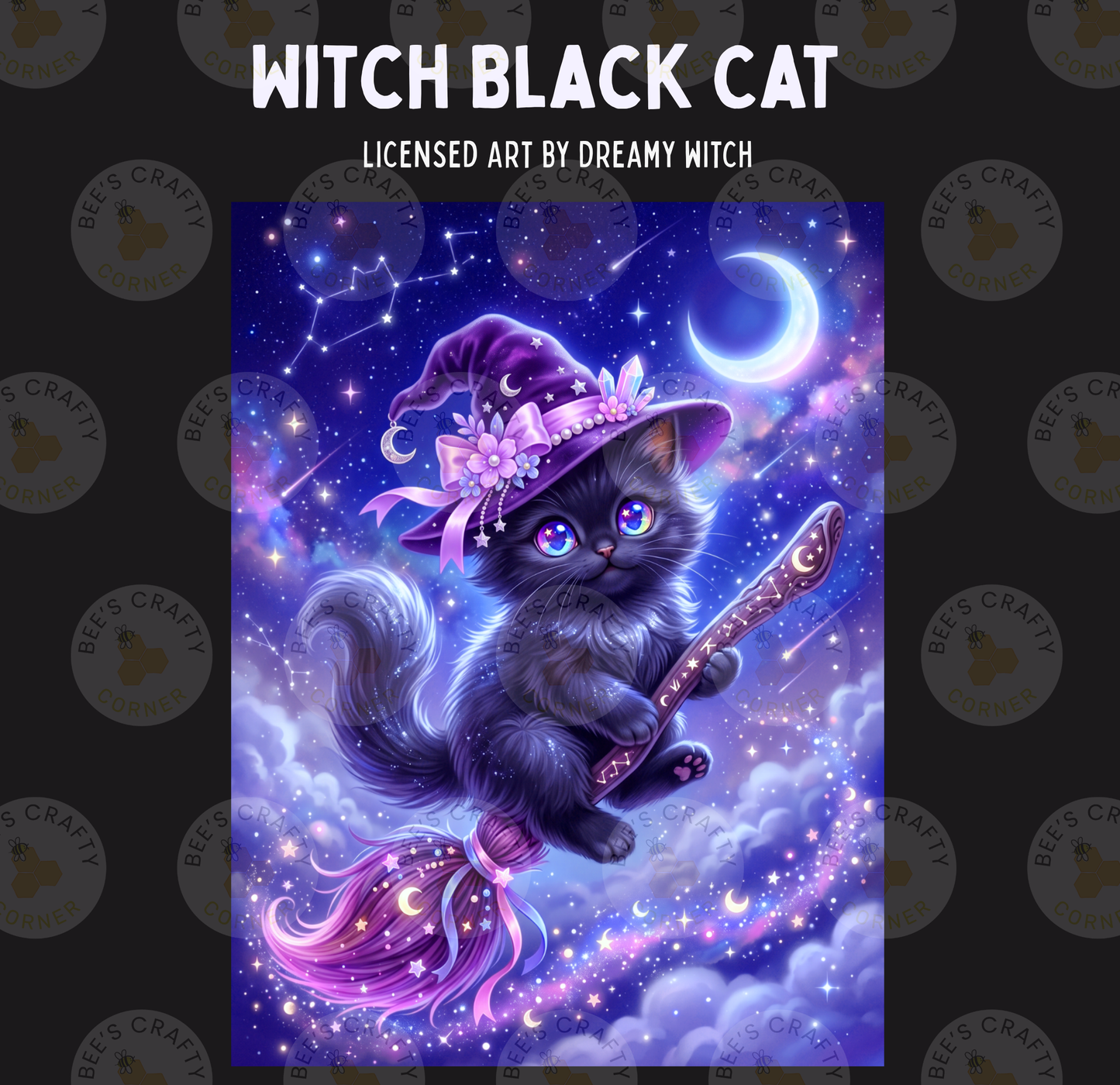 The image is a digital illustration featuring a black cat wearing a purple witch's hat, flying on a broomstick and holding a wand, with a crescent moon and stars in the background.