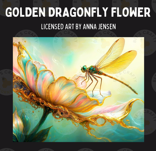 The image is a painting of a golden dragonfly resting on a colorful, multi-colored flower.