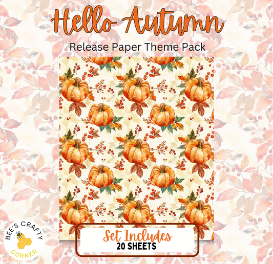 The image is a package for a release of a paper theme featuring autumn pumpkins and leaves. It includes a set of 20 sheets with a repeating pattern of pumpkins and leaves.