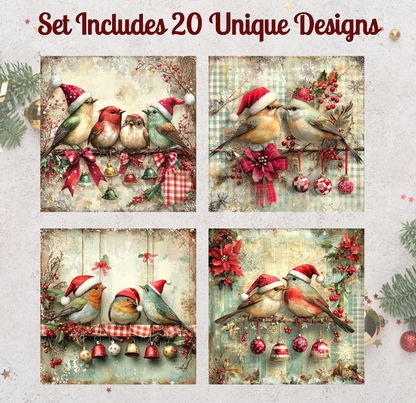 The image is a collage of four pictures featuring birds wearing Santa hats and surrounded by Christmas decorations such as ornaments, tinsel, and pine branches.