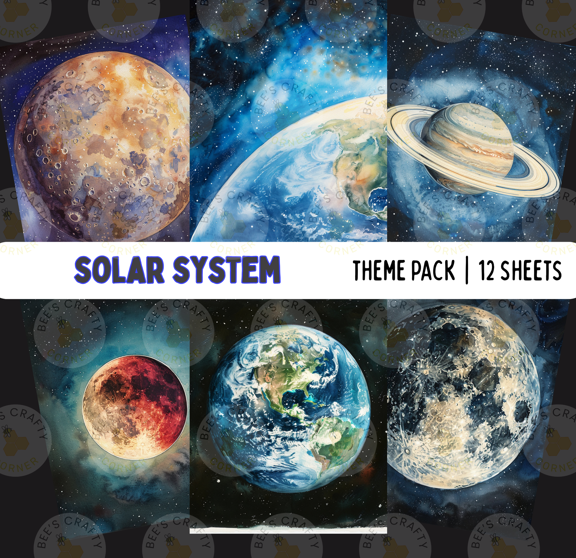 The image is a theme pack for a solar system, containing 12 different images depicting various planets and celestial bodies.
