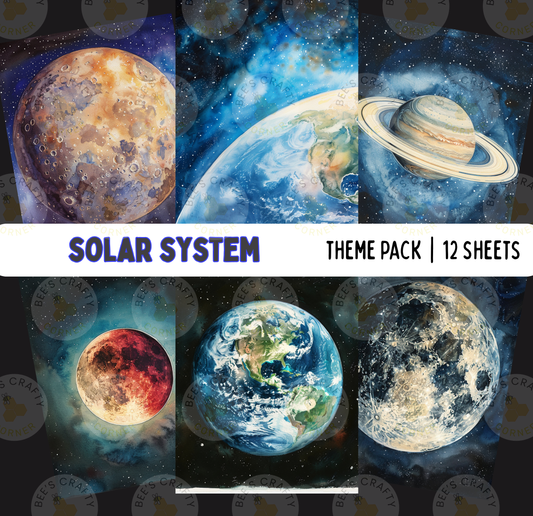 The image is a theme pack for a solar system, containing 12 different images depicting various planets and celestial bodies.