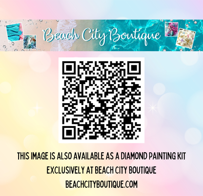 The image is available as a diamond painting kit exclusively at Beach City Boutique.