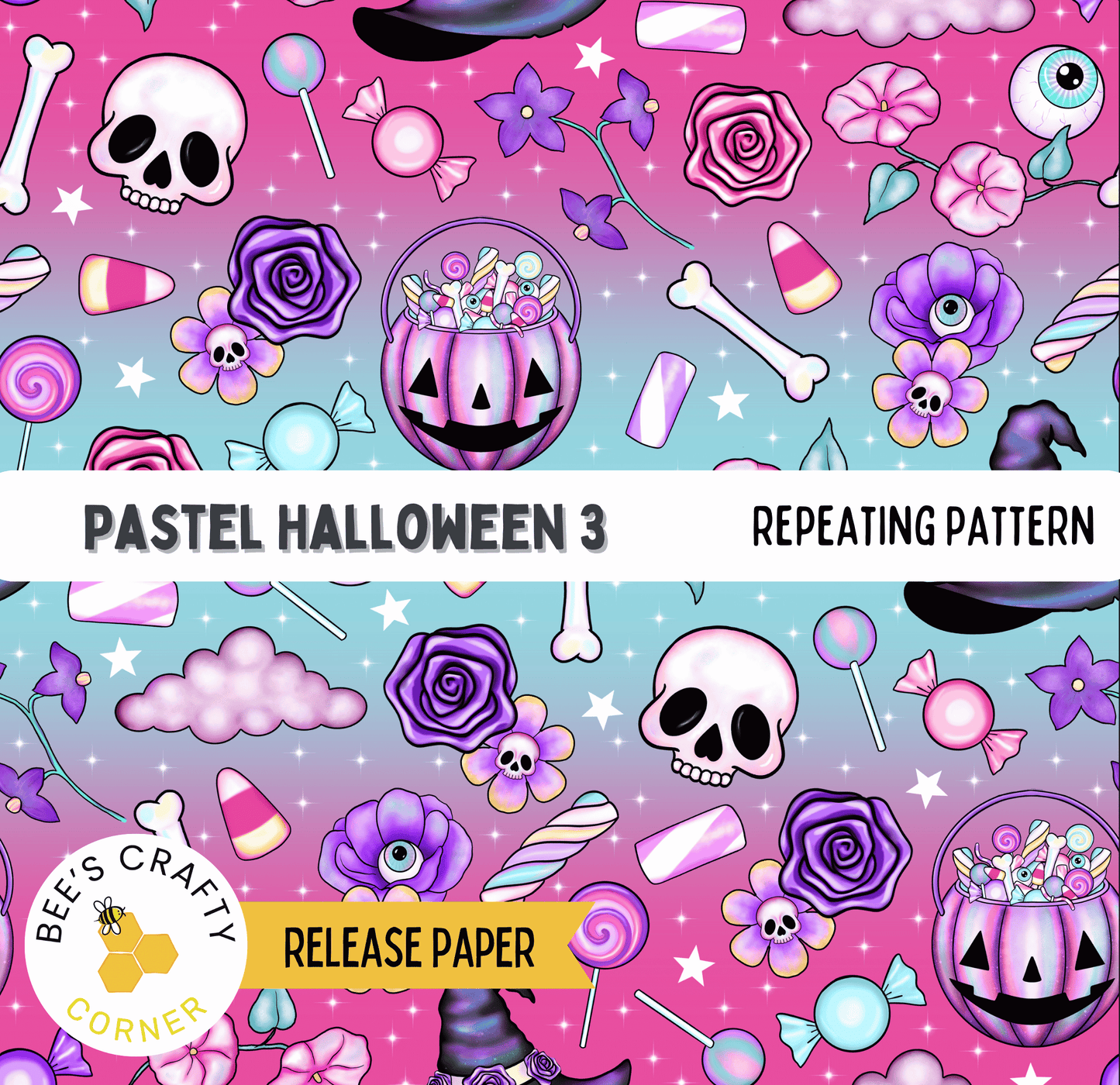 The image is a repeating pattern of Halloween-themed illustrations, including skulls, candy canes, roses, and other spooky and festive elements.