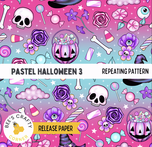 The image is a repeating pattern of Halloween-themed illustrations, including skulls, candy canes, roses, and other spooky and festive elements.