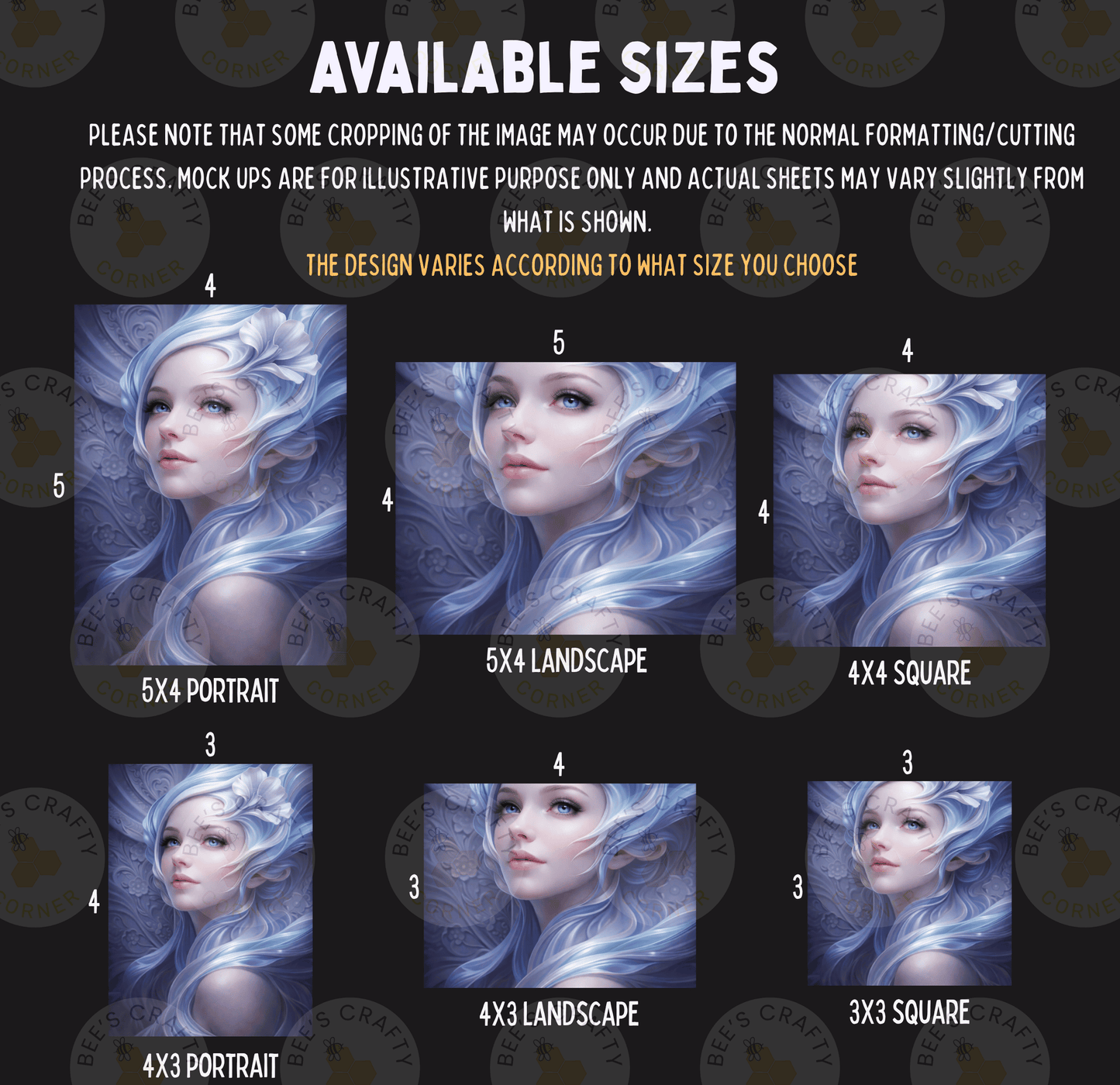 six different portrait sizes, each featuring a woman with blue hair. The sizes range from 5x4 to 5x3, and the portrait images are arranged in a grid format.