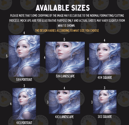 six different portrait sizes, each featuring a woman with blue hair. The sizes range from 5x4 to 5x3, and the portrait images are arranged in a grid format.