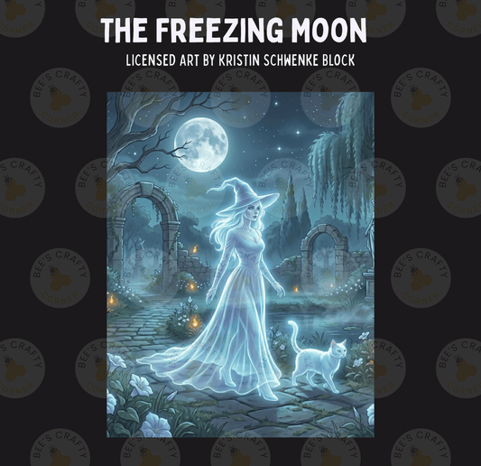The image is a painting depicting a ghostly woman in a flowing white dress standing in a garden, accompanied by a cat. The scene is set against a backdrop of a moonlit night sky and a castle-like structure.