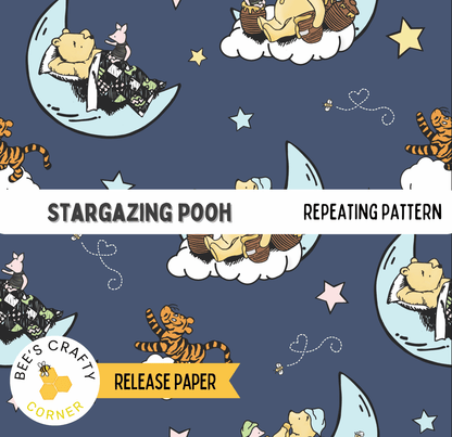 The image is a repeating pattern featuring the characters from the Winnie the Pooh series, including Tigger, Tigger's bear friend, and other beloved characters, all set against a night sky background with stars and clouds.