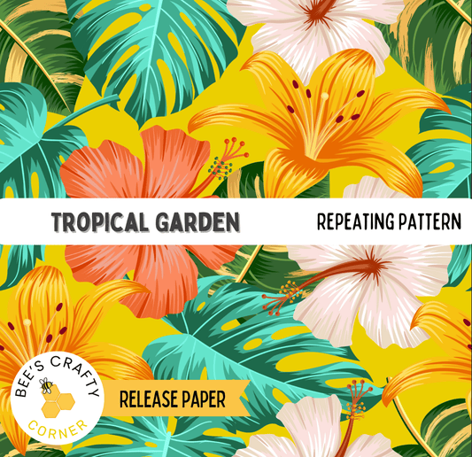 The image is a vibrant and colorful tropical garden pattern, featuring a variety of flowers and leaves in shades of orange, yellow, green, and white. The pattern is repeated across the image, creating a sense of rhythm and harmony.