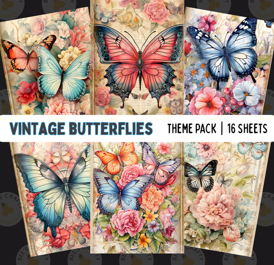 The image is a collage of six vintage-style butterfly illustrations, each featuring a different color and design. The butterflies are surrounded by various floral elements, creating a visually appealing and nostalgic atmosphere.