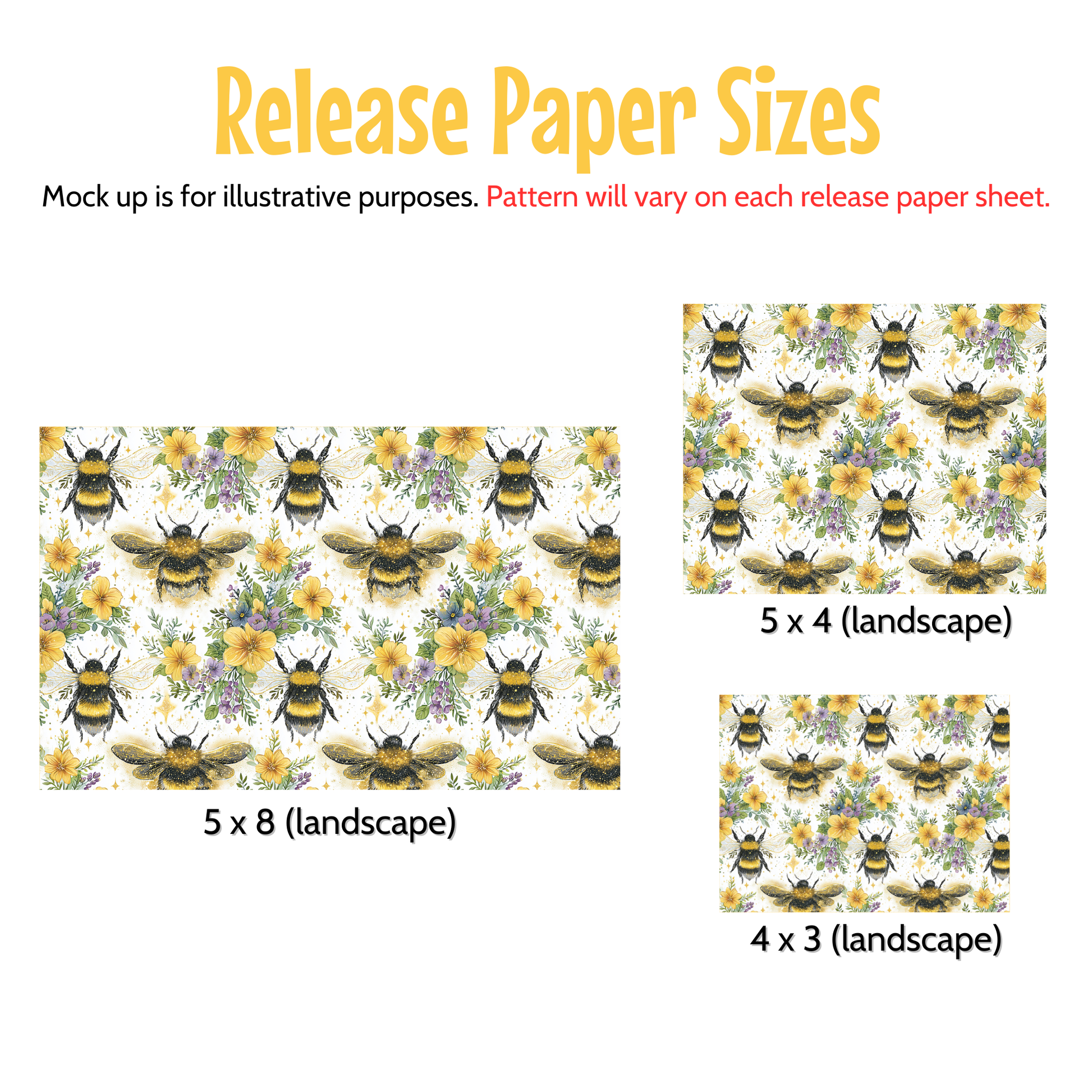 three different paper sizes, each featuring a repeating pattern of bees and flowers. The first size is 5 x 4 (landscape), the second is 5 x 8 (landscape), and the third is 4 x 3 (landscape). The pattern on each paper sheet will vary, but the overall design is consistent with a bee and flower motif.