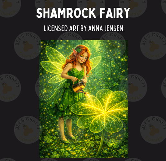 The image is a painting of a fairy with red hair and green wings, standing in a field of green shamrocks and watering them.