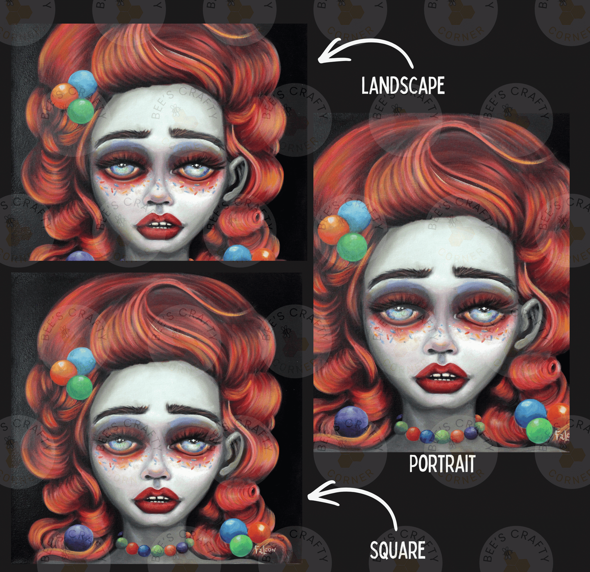 The image is a collage of three images depicting a woman with red hair and makeup, each with a different style of portrait. The first image shows a close-up of the woman's face, the second image provides a wider view of the woman's face, and the third image shows a square portrait of the woman.