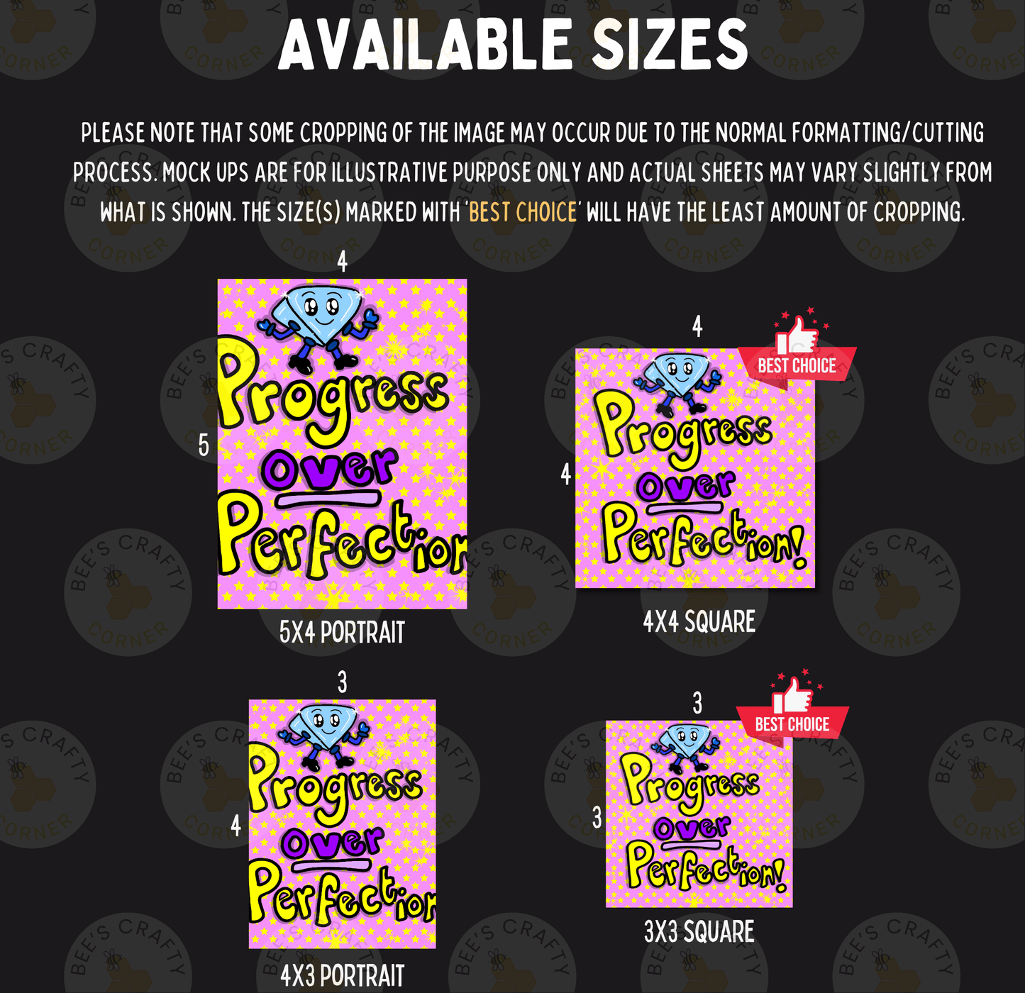 four different sizes of the same cartoon character, which is a blue character with a pink background. The sizes are labeled as "5X4 Portrait", "4X4 Square", "3X3 Square", and "3X3 Square". The image is described as a collage of multiple images, and the text indicates that the cropping of the image may occur due to the normal formatting/cutting process, and that mock-ups are for illustrative purposes only and actual sheets may vary slightly from what is shown.