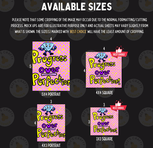 four different sizes of the same cartoon character, which is a blue character with a pink background. The sizes are labeled as "5X4 Portrait", "4X4 Square", "3X3 Square", and "3X3 Square". The image is described as a collage of multiple images, and the text indicates that the cropping of the image may occur due to the normal formatting/cutting process, and that mock-ups are for illustrative purposes only and actual sheets may vary slightly from what is shown.