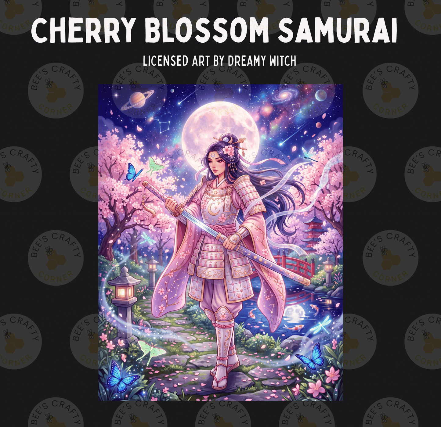 The image is a digital illustration featuring a female character in a pink and white outfit, holding a sword and surrounded by a fantastical landscape with cherry blossoms, a full moon, and other elements.