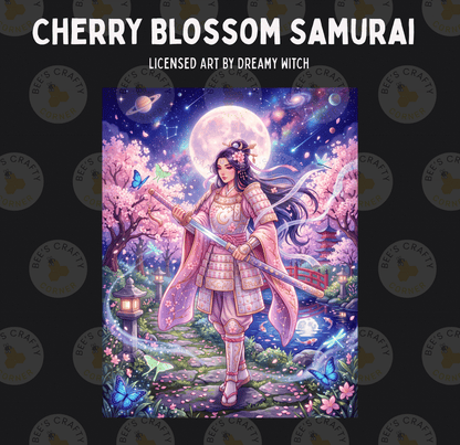 The image is a digital illustration featuring a female character in a pink and white outfit, holding a sword and surrounded by a fantastical landscape with cherry blossoms, a full moon, and other elements.