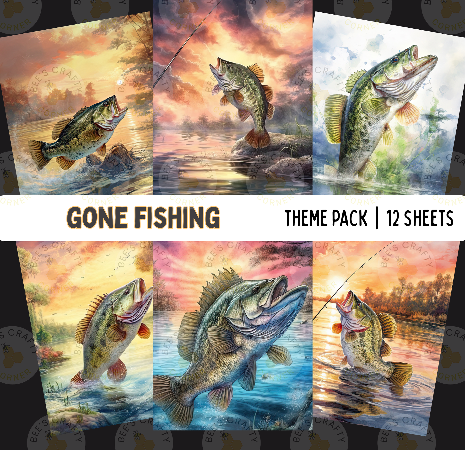 The image is a theme pack of 12 sheets featuring various fish and fishing scenes, including a fish jumping out of the water and other fish swimming in the water.