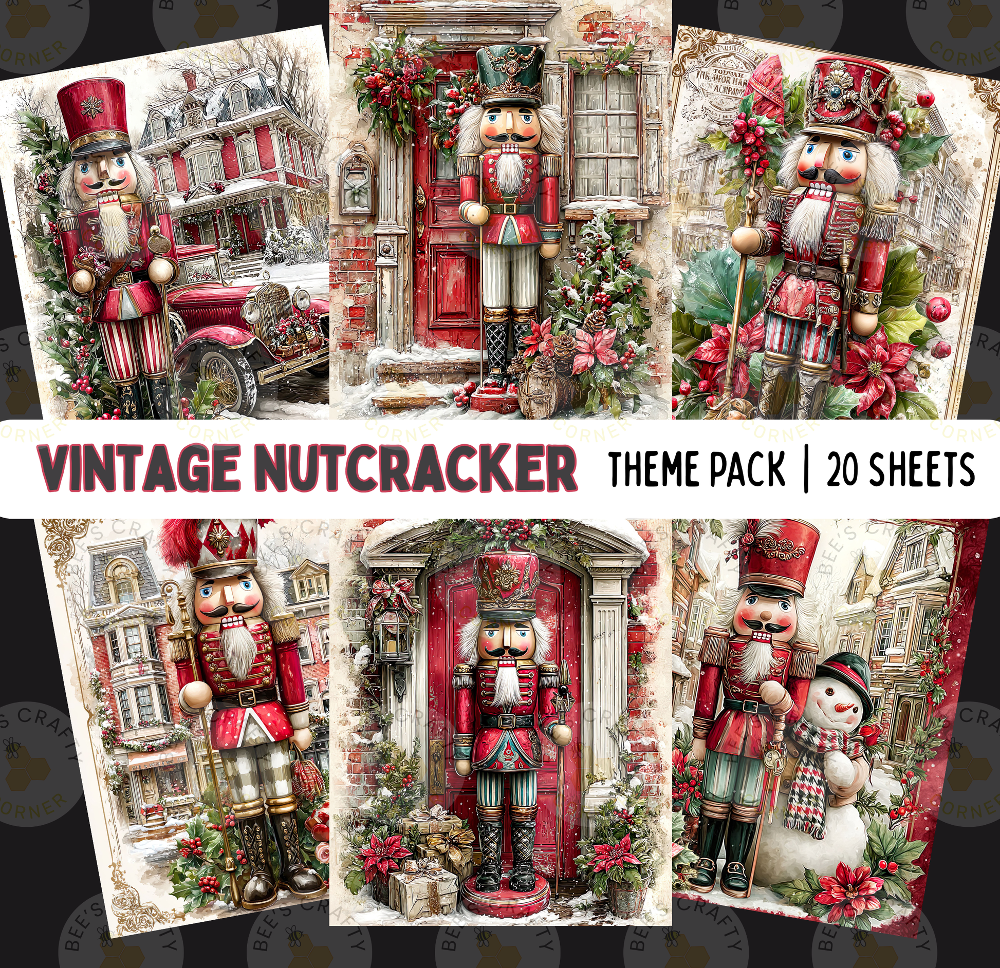 The image is a collage of six vintage nutcracker-themed pictures, each depicting a different scene with the nutcracker characters in various settings.