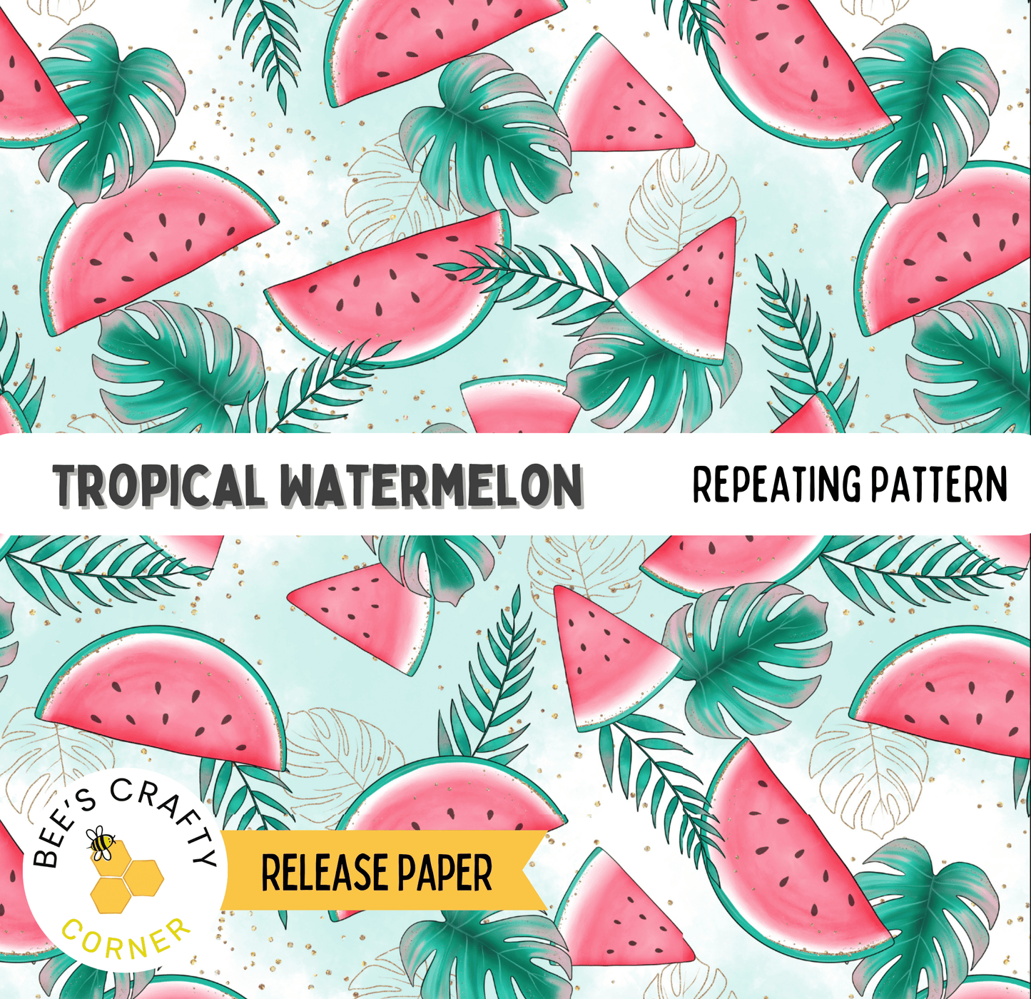 The image is a repeating pattern of watermelon slices and tropical leaves, creating a vibrant and tropical aesthetic.