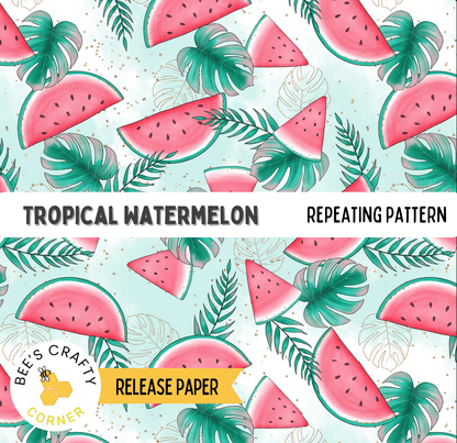 The image is a repeating pattern of watermelon slices and tropical leaves, creating a vibrant and tropical aesthetic.