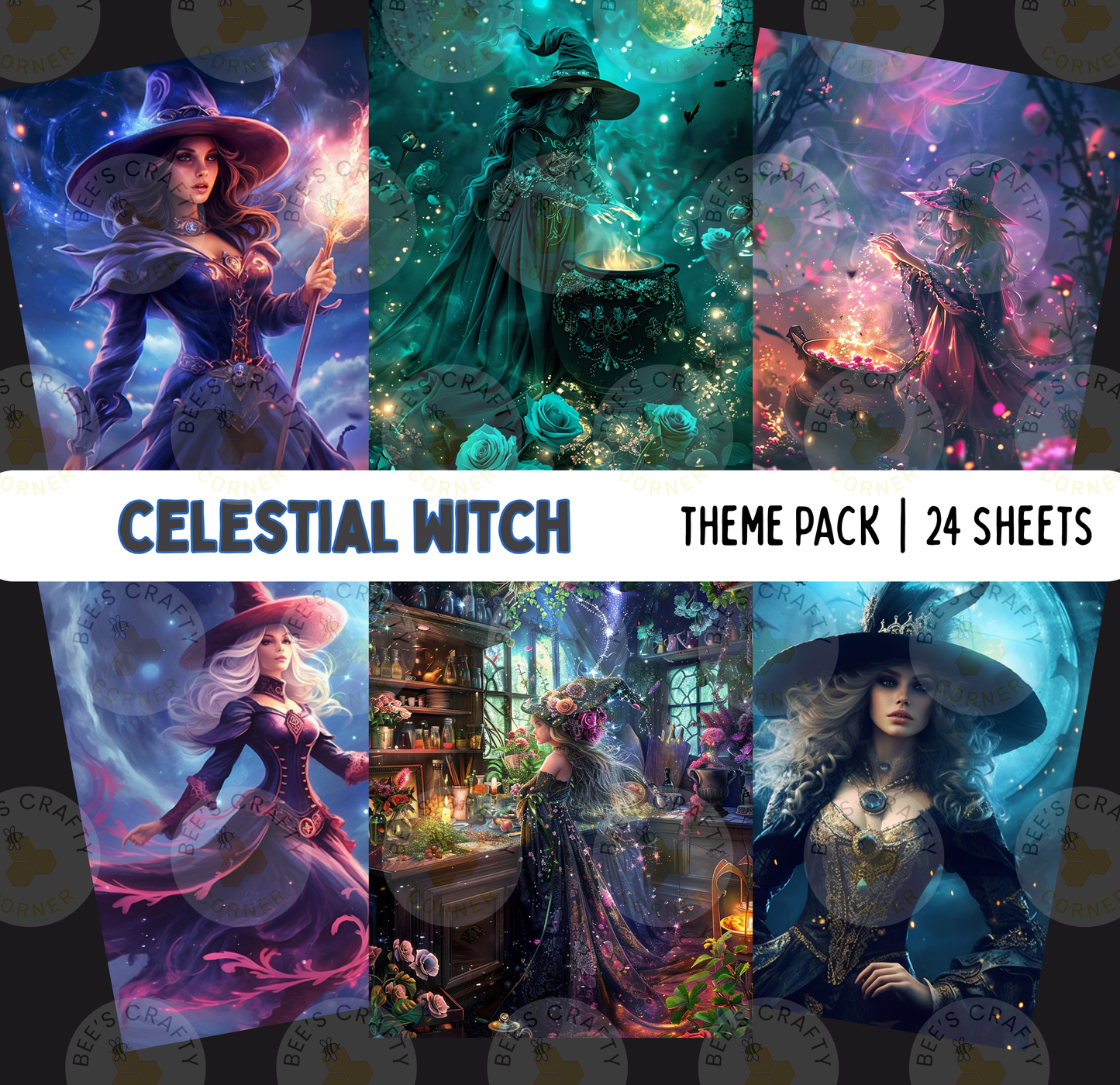 The image is a theme pack containing 24 sheets of artwork, each depicting a different celestial witch. The artwork showcases various styles and moods, including fantastical and whimsical representations of the magical creatures and their enchanting environments.